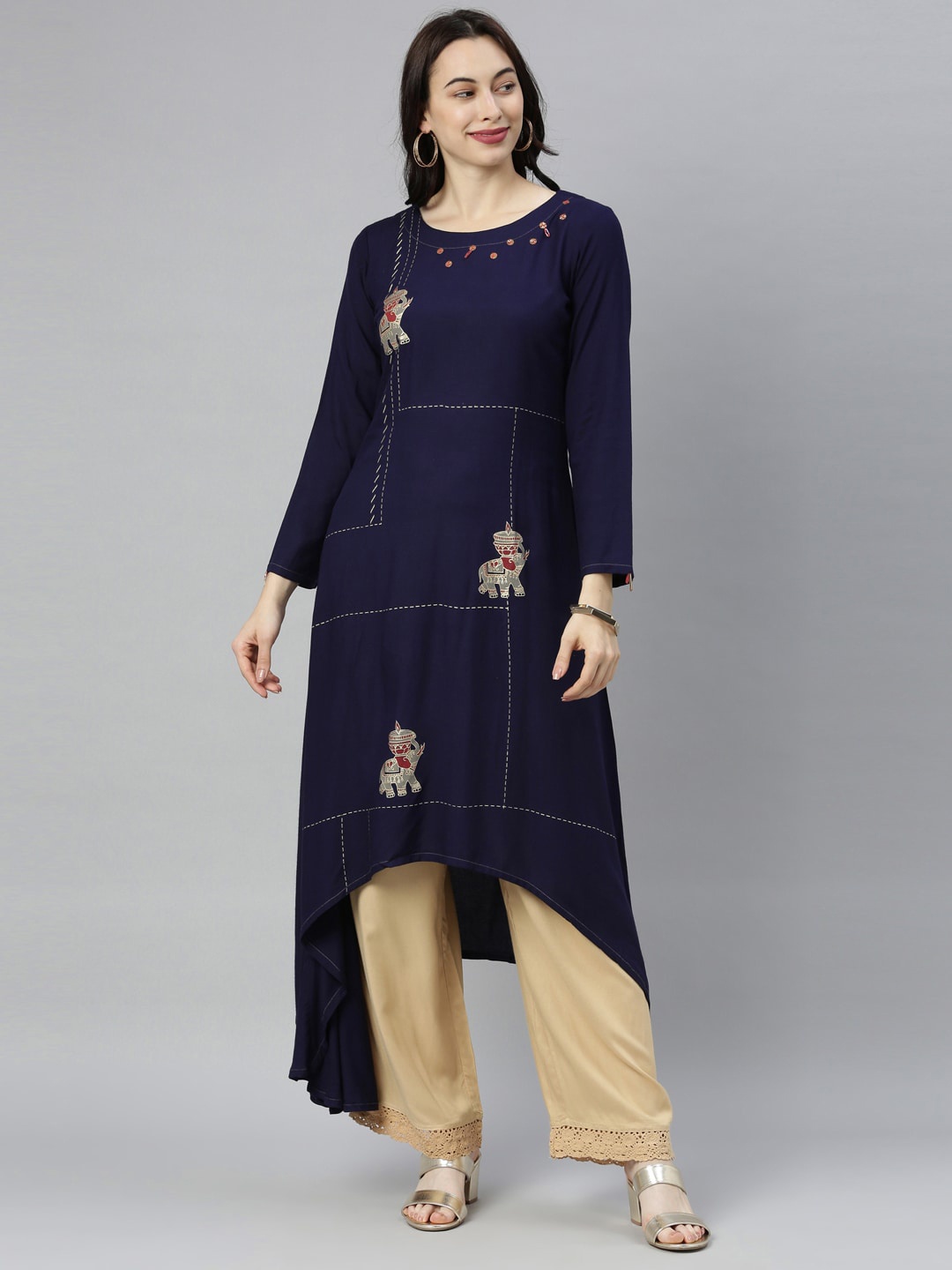 

Neerus Women Navy Blue Printed Thread Work Kurta