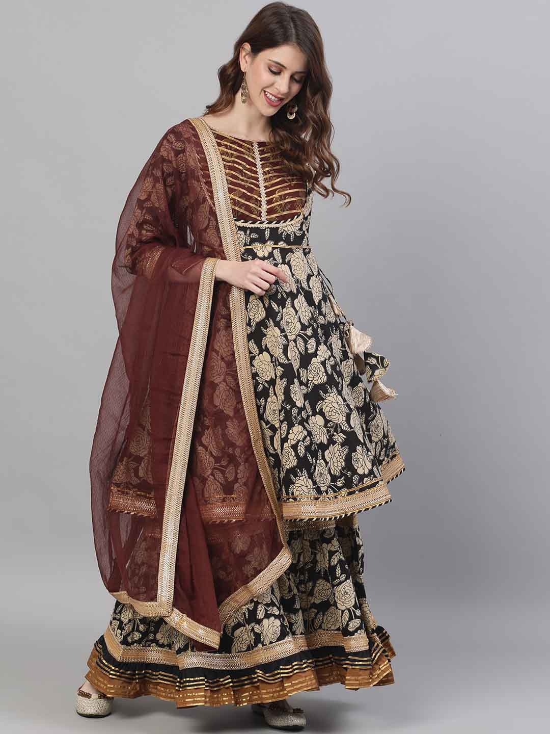 

Ishin Women Black Printed Kurta with Sharara & Dupatta