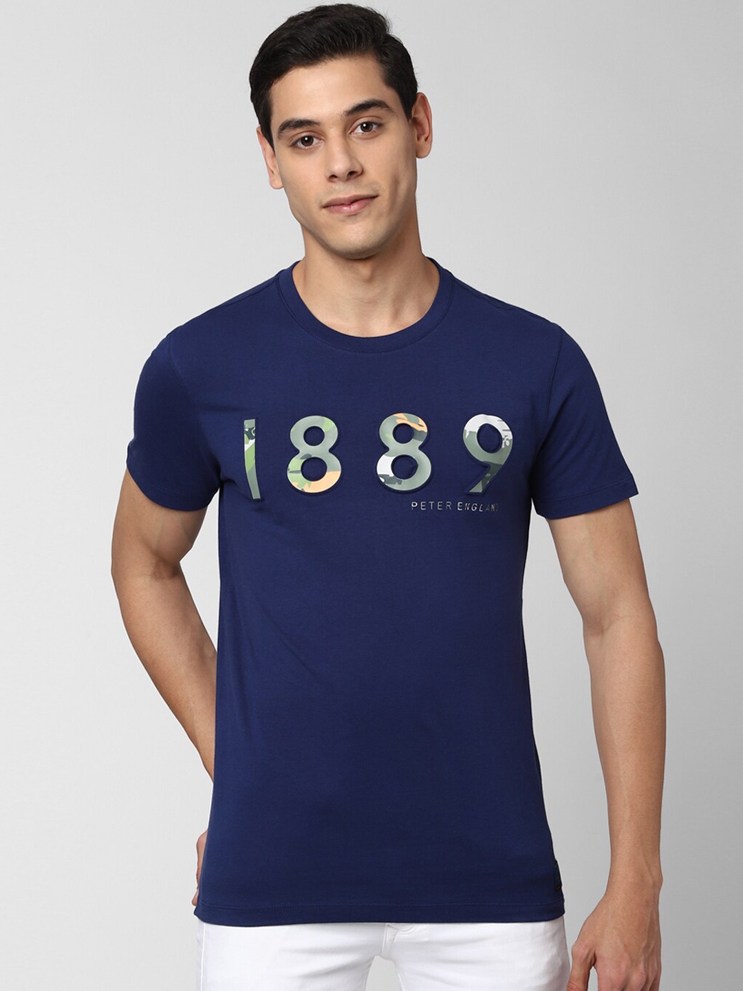 

Peter England Casuals Men Navy Blue Printed Round Neck T-shirt