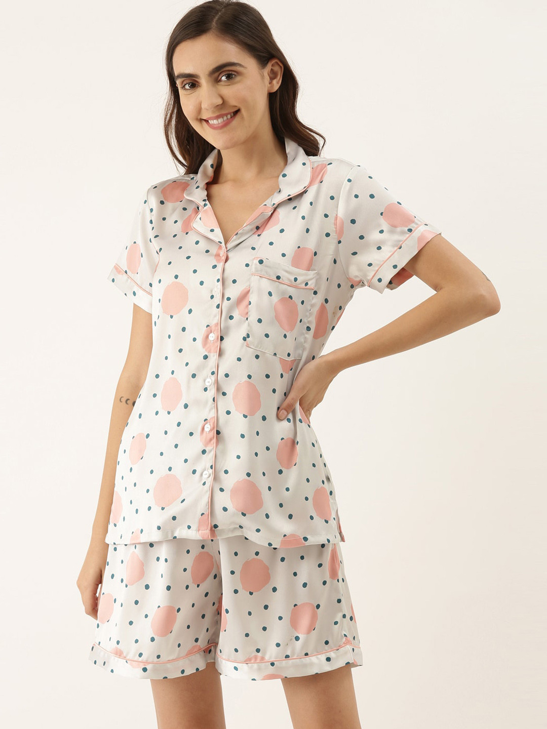 

Bannos Swagger Women White & Pink Printed Satin Night suit