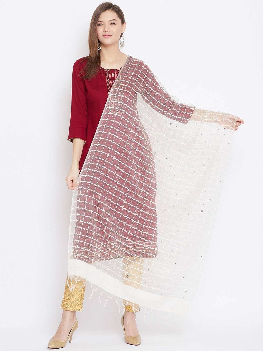 

Clora Creation White & Gold-Toned Checked Dupatta