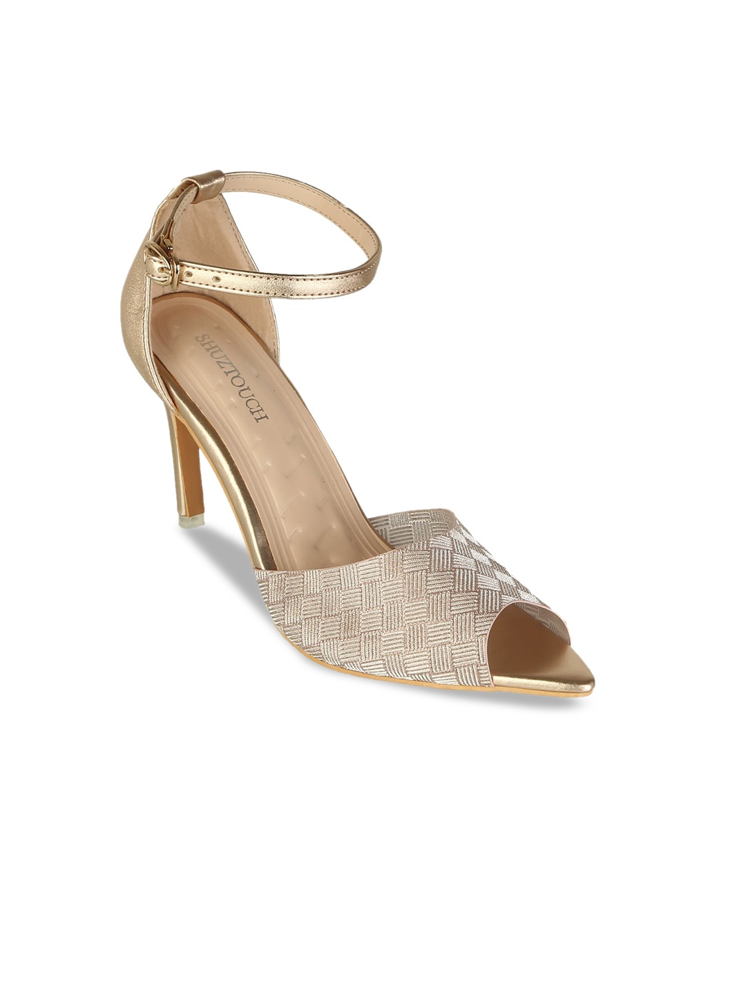 

SHUZ TOUCH Women Gold-Toned Printed Peep Toed Slim Heels