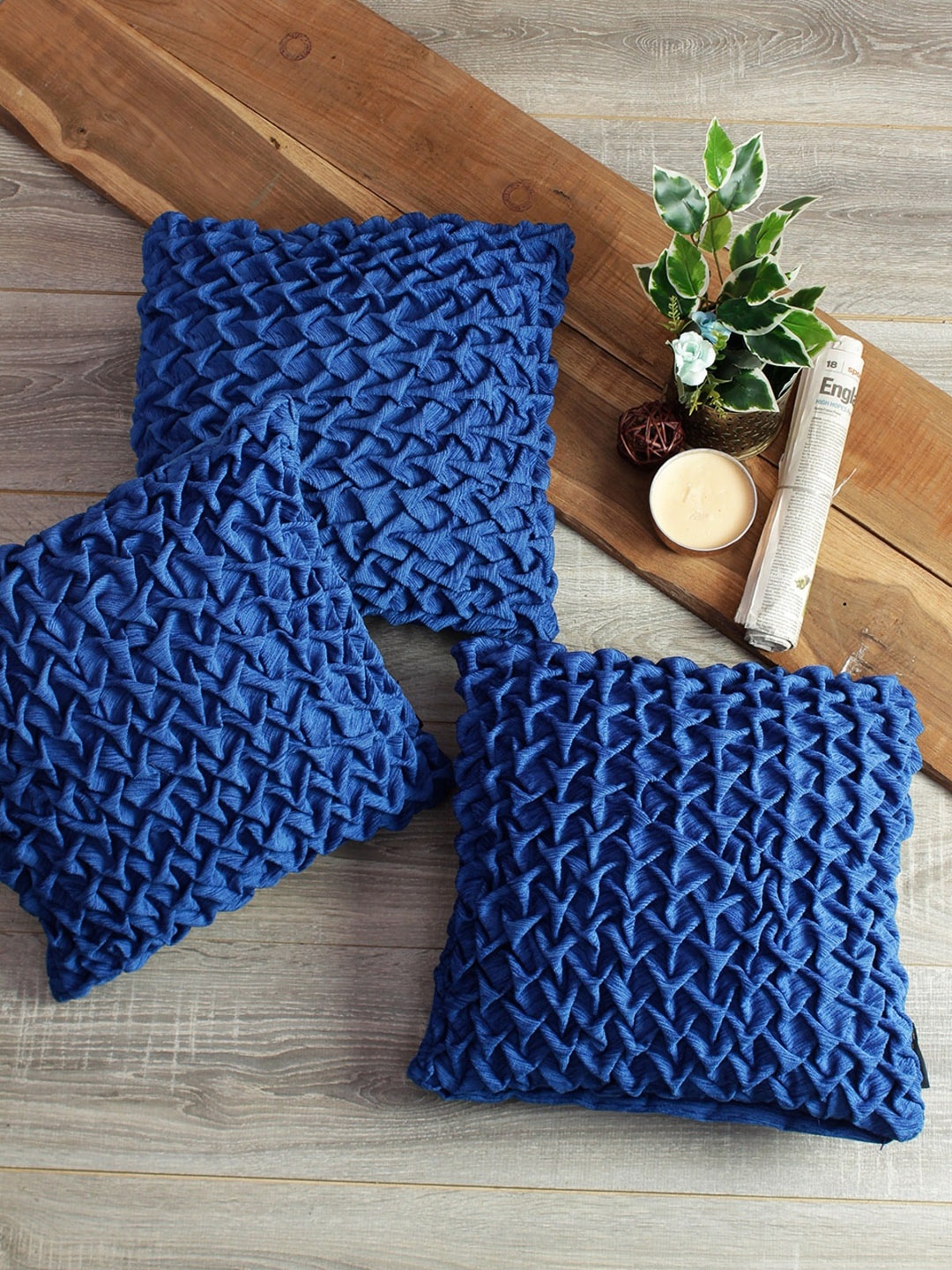 

ROMEE Blue Set of 3 Self Design Square Cushion Covers