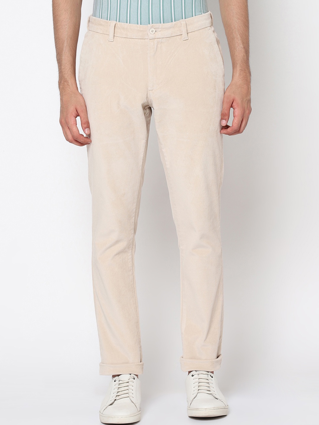 

Blackberrys Men Cream-Coloured B-91 Skinny Fit Self Design Regular Trousers