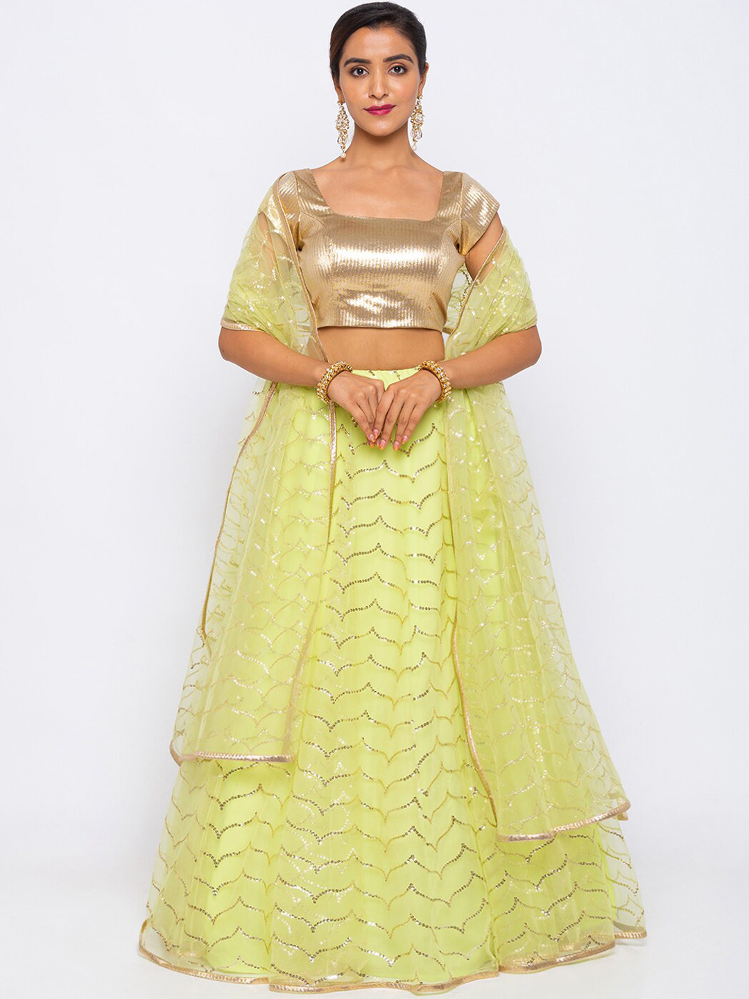 

6Y COLLECTIVE Lime Green & Gold-Toned Sequined Semi-Stitched Lehenga Choli
