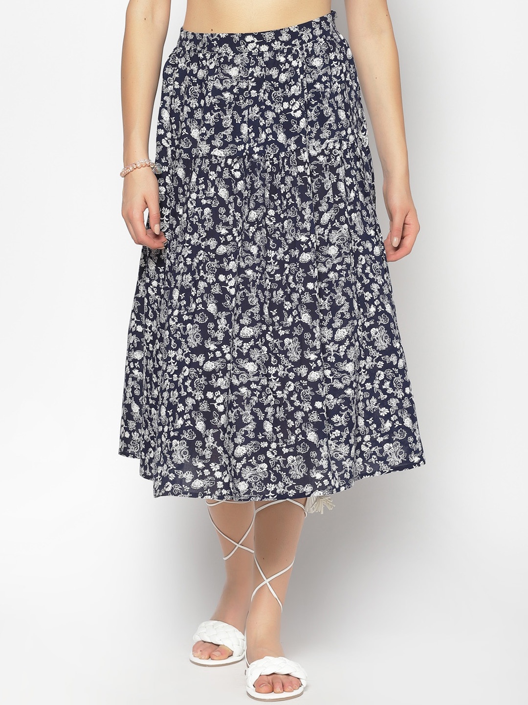 

Sera Women Navy Blue & White Floral Printed A-Line Tiered Midi Skirt