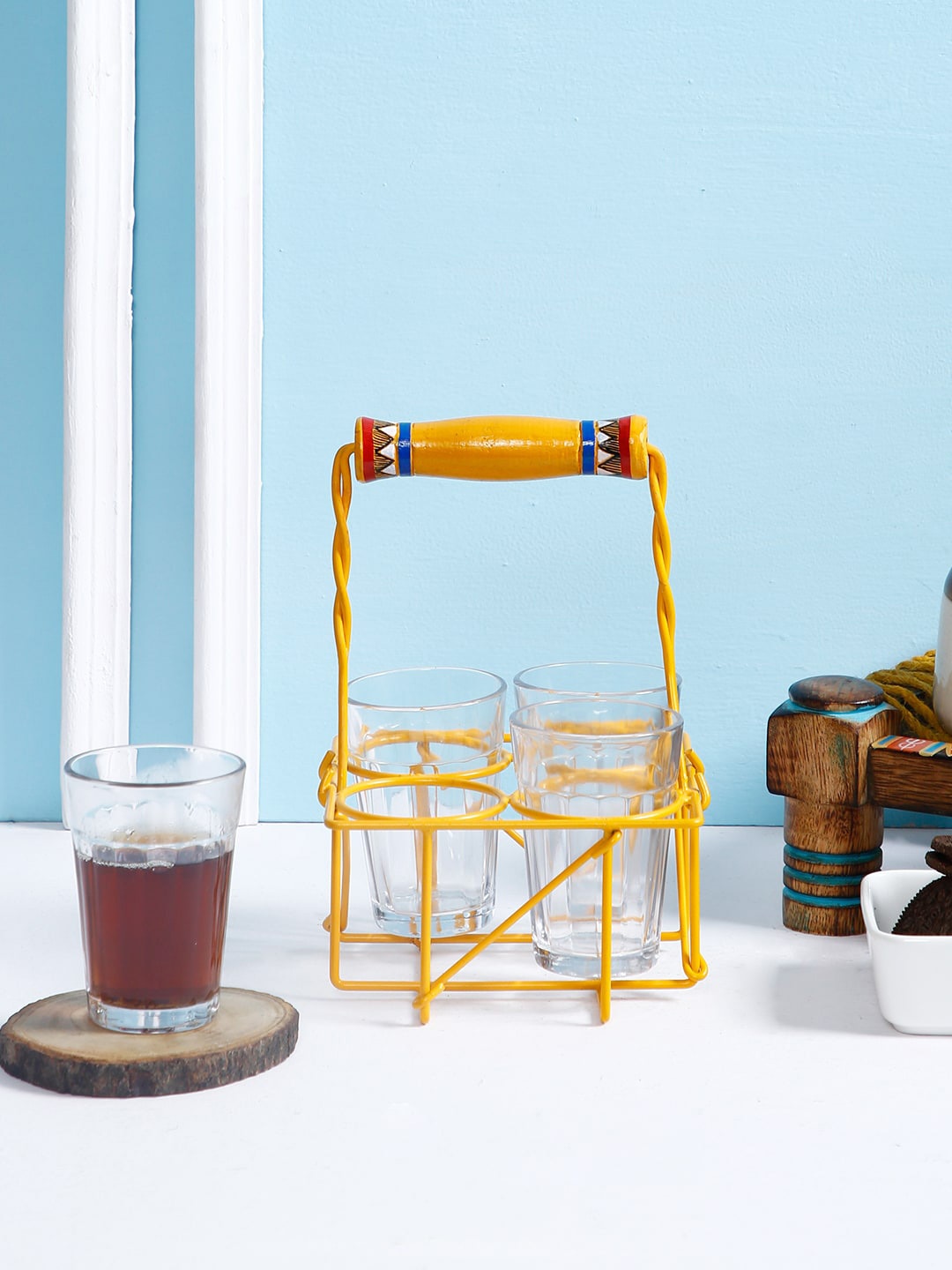 Aapno Rajasthan Set Of 2 Glasses With Tray, Yellow