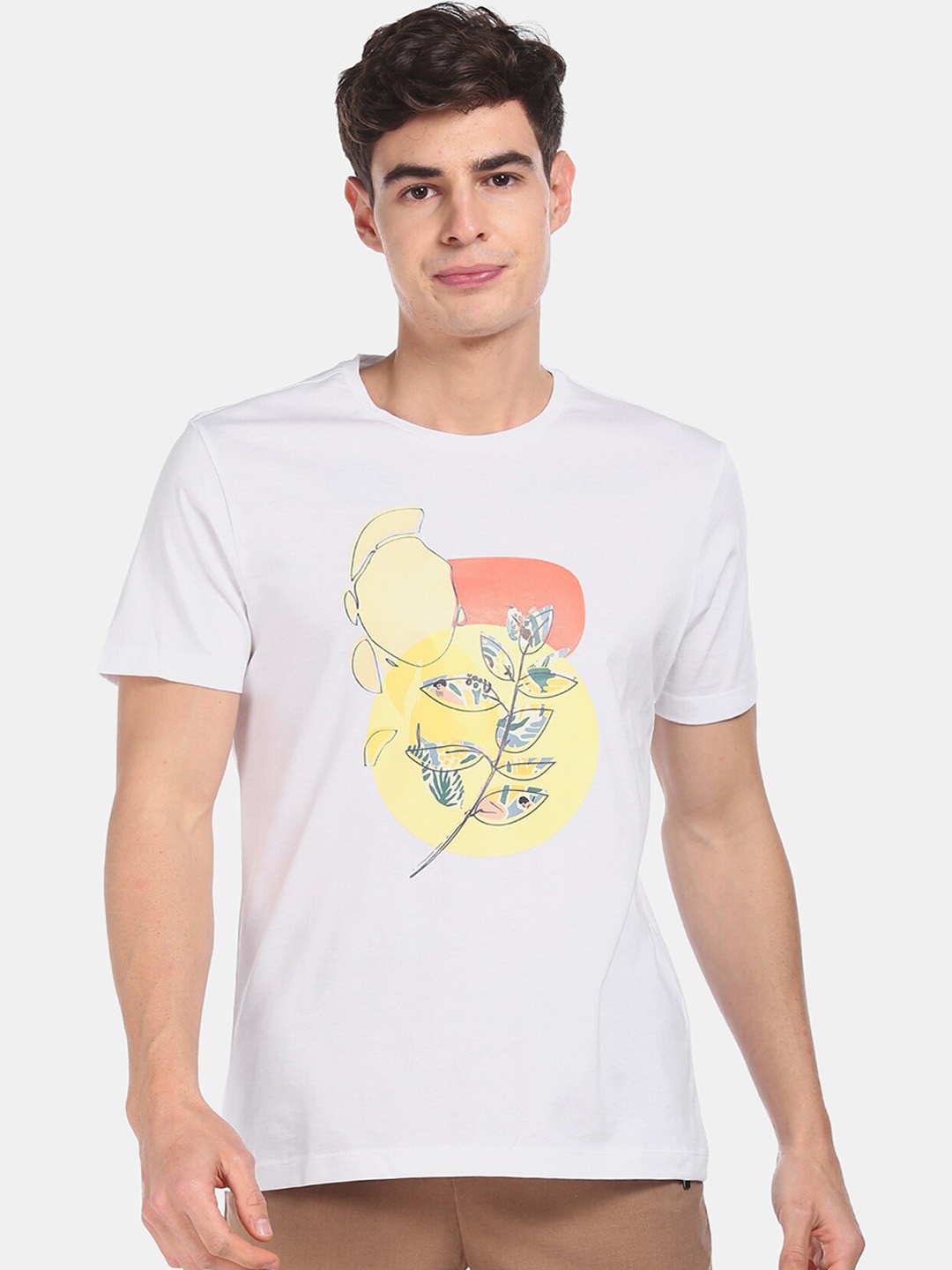 

Arrow New York Men White Yellow Printed Round Neck Pure Cotton T-shirt