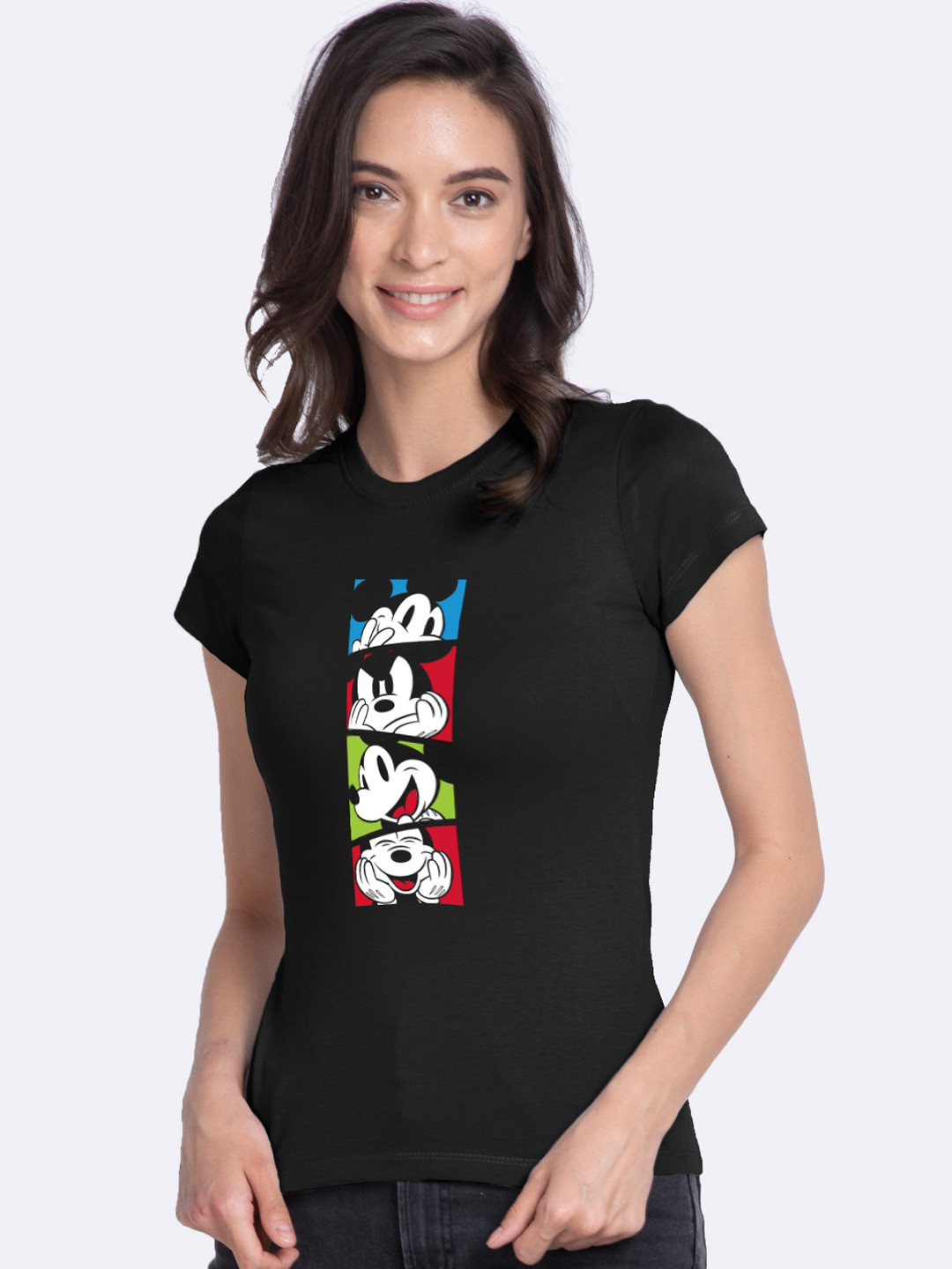

Bewakoof Women Black Mickey Printed Round Neck Pure Cotton T-shirt