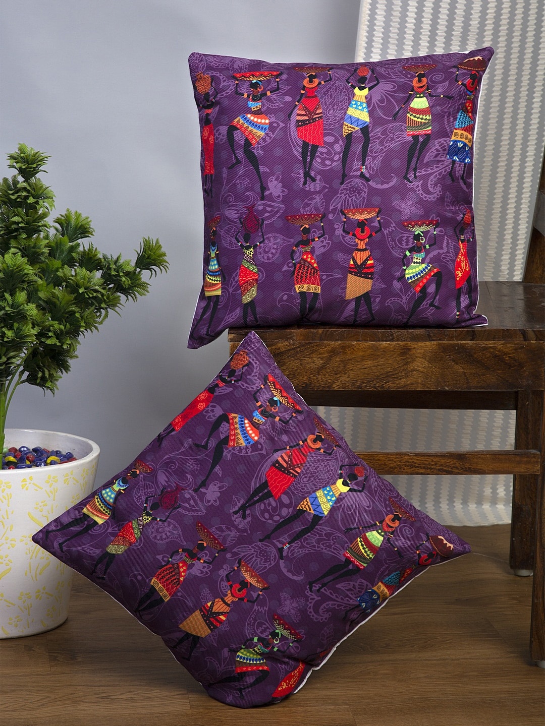 Alina decor Purple & Yellow Set of 2 Ethnic Motifs Square Cushion Covers