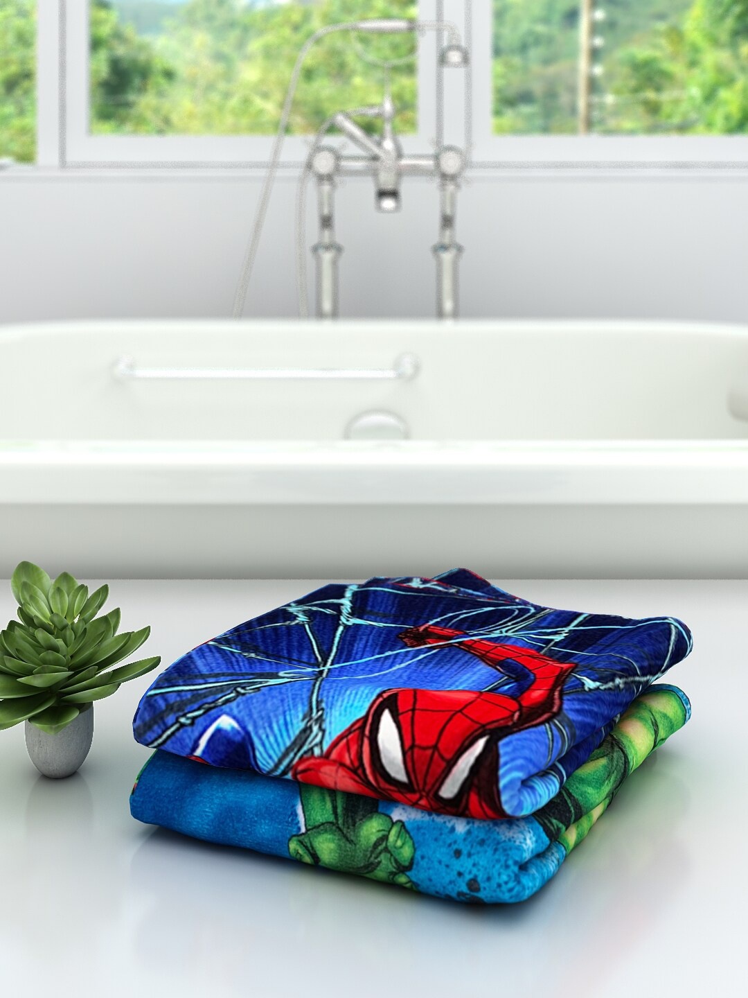 Marvel Kids Set Of 2 Avengers Printed 350 GSM Bath Cotton Towels, Blue