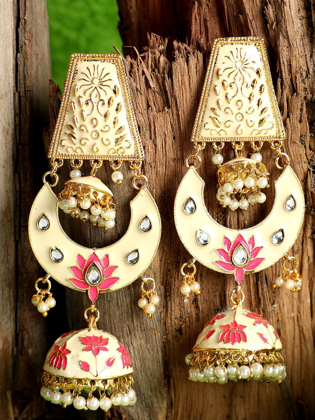 

ANIKAS CREATION Gold-Plated & Pink Meenakari Dome Shaped Jhumkas