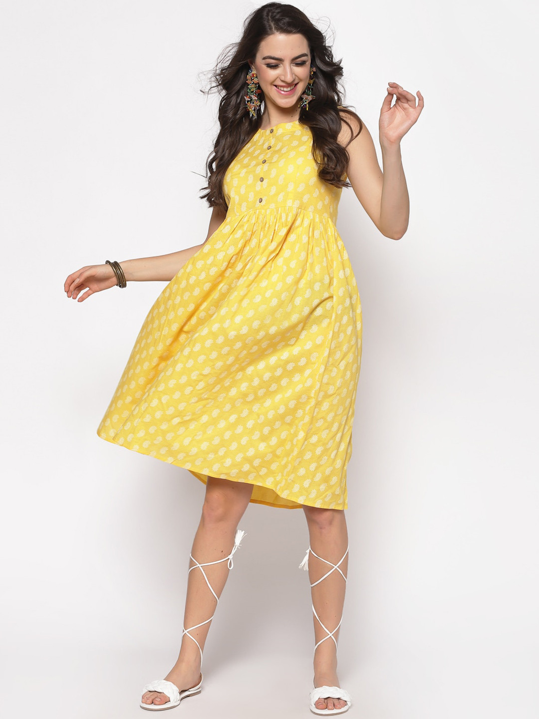

Sera Women Yellow Printed Fit and Flare Dress