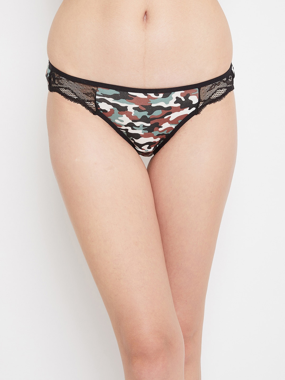 

Clovia Women Black & Brown Camouflage Printed Lace Bikini Briefs PN3298O133