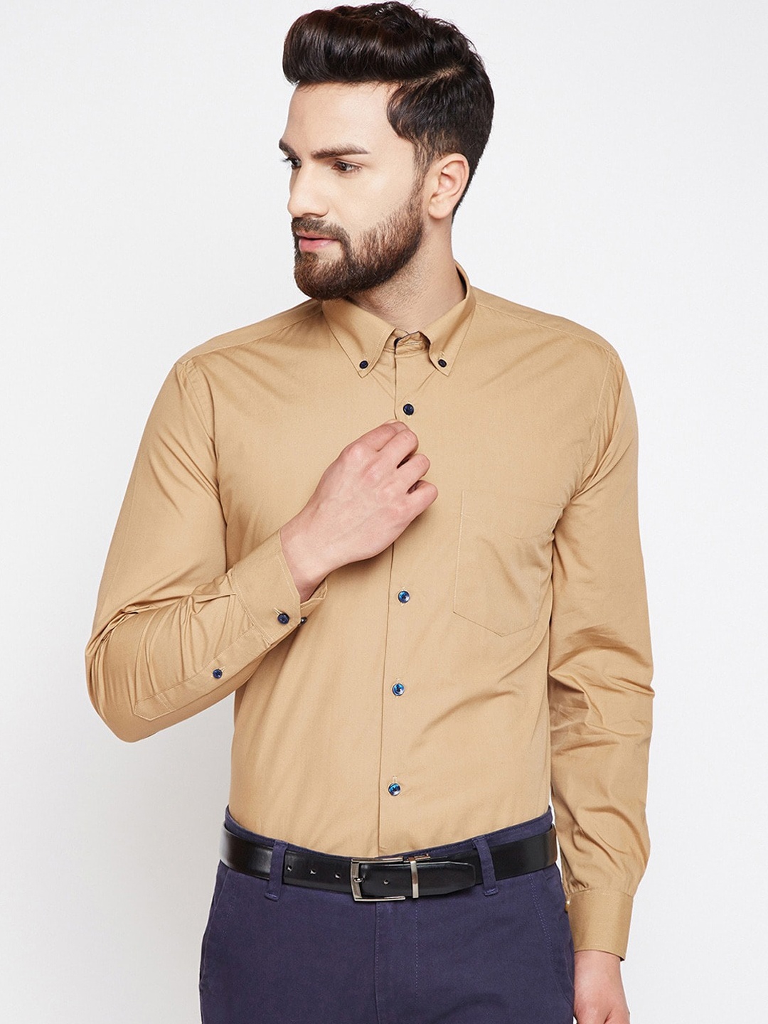 

Hancock Men Beige Slim Fit Solid Cotton Formal Shirt