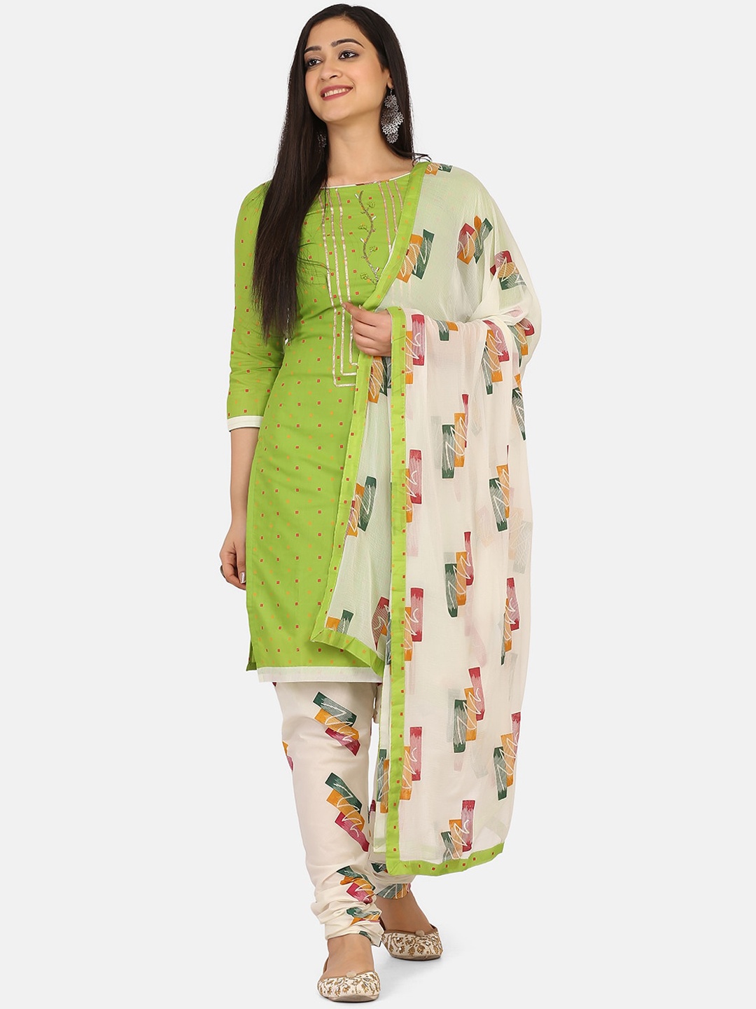 

Shaily Green & Cream-Coloured Cotton Blend Unstitched Dress Material