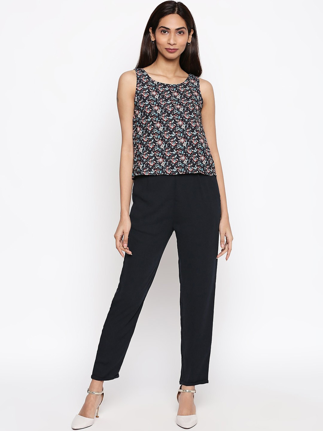 

People Women Black & Blue Printed Two-Piece Jumpsuit