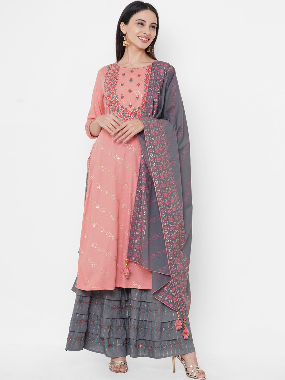 

FASHOR Women Pink Embroidered Kurta with Sharara & Dupatta