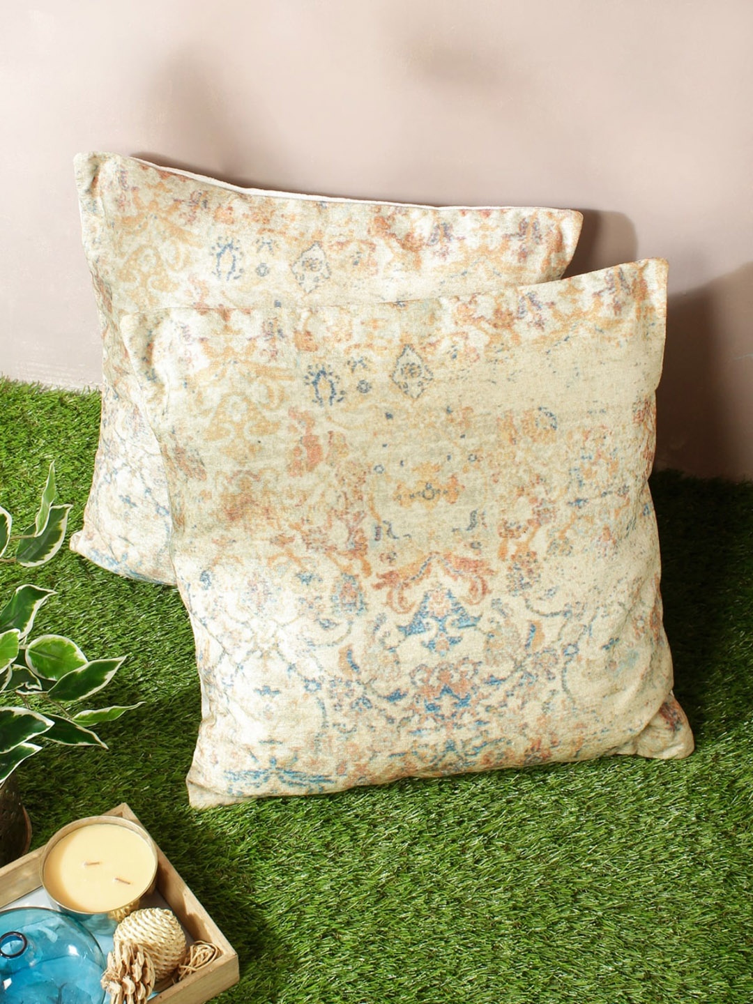 

ROMEE Multicoloured & Beige Set of 2 Ethnic Motifs Square Cushion Covers, Multi