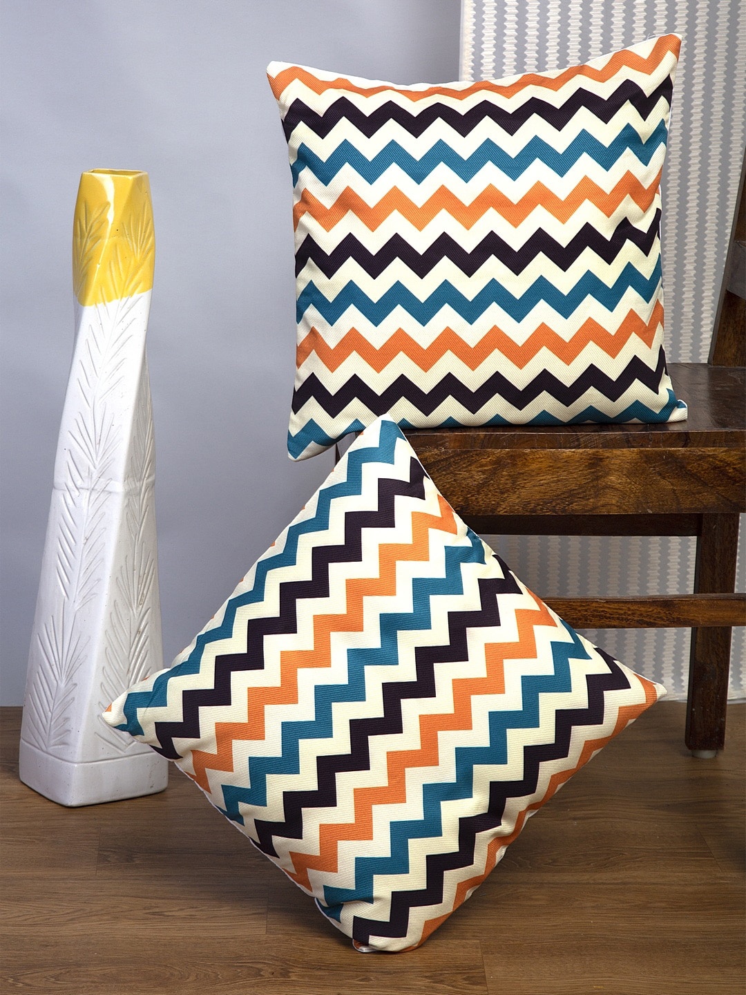 Alina decor Cream-Coloured & Blue Set of 2 Geometric Square Cushion Covers