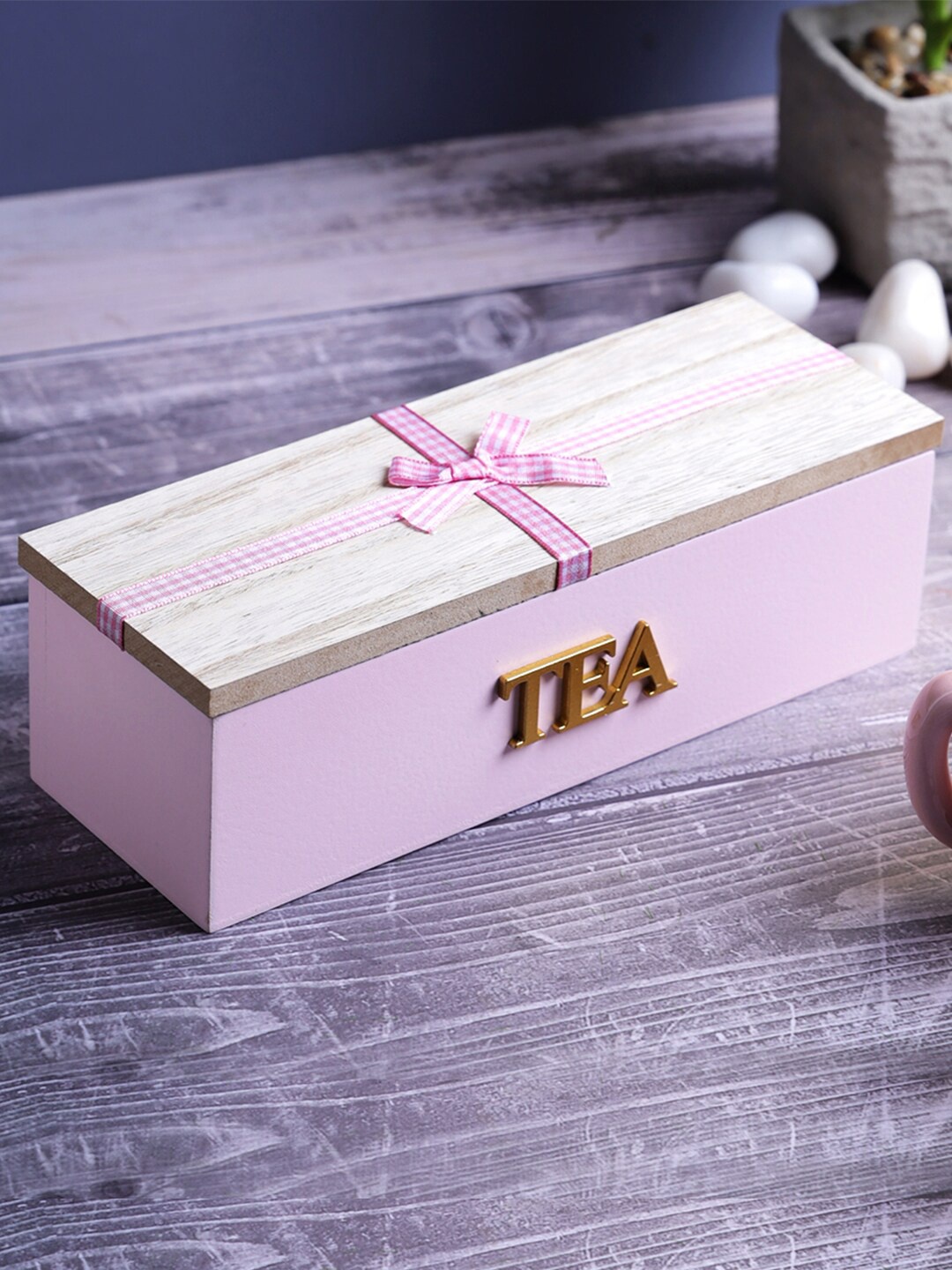 

A Vintage Affair- Home Decor Pink & Beige Solid Wooden Tea Storage Box