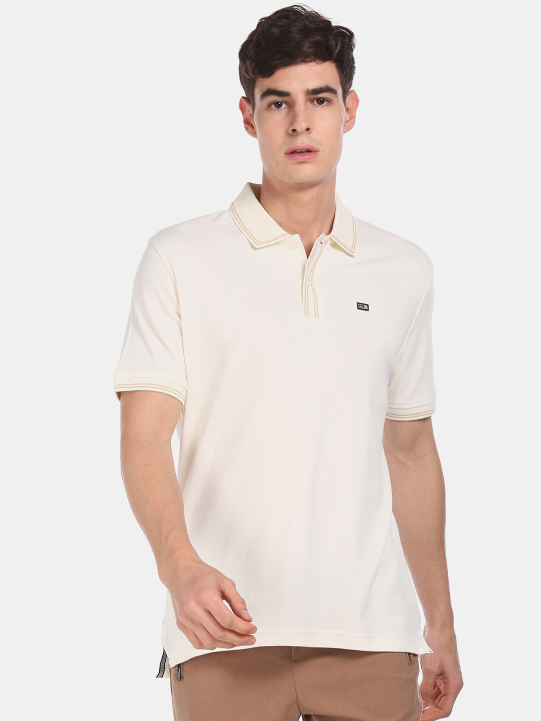 

Arrow Sport Men Off-White Solid Polo Collar Pure Cotton T-shirt