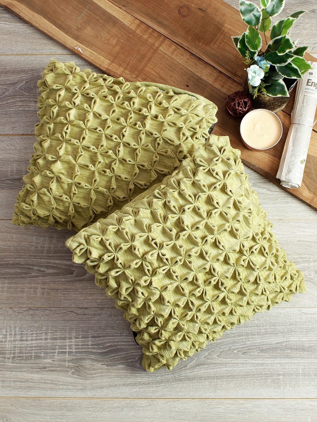 

ROMEE Green Set of 2 Self Design Square Chenille Cushion Covers