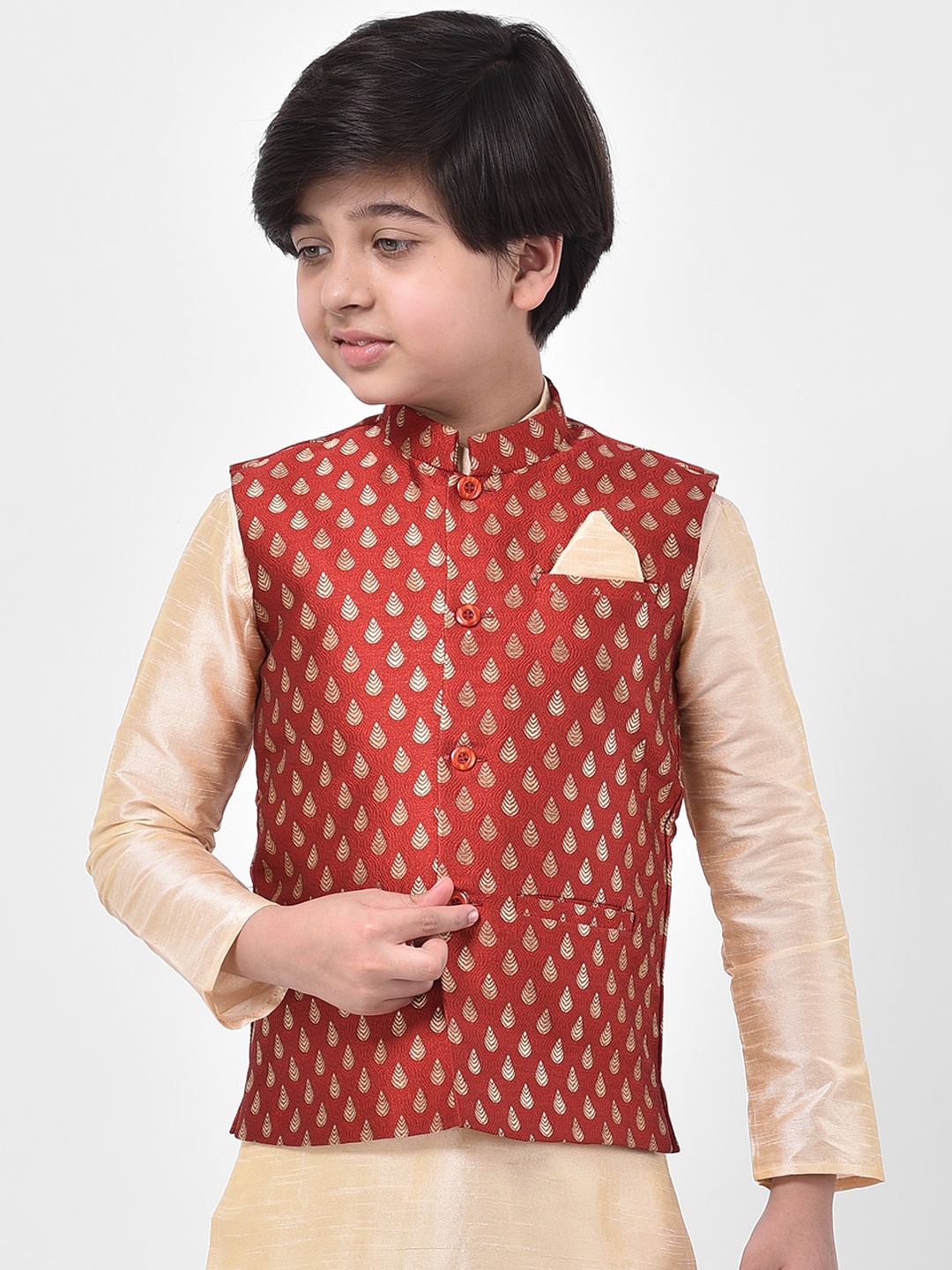 

DEYANN Boys Red & Gold-Coloured Woven Design Nehru Jacket