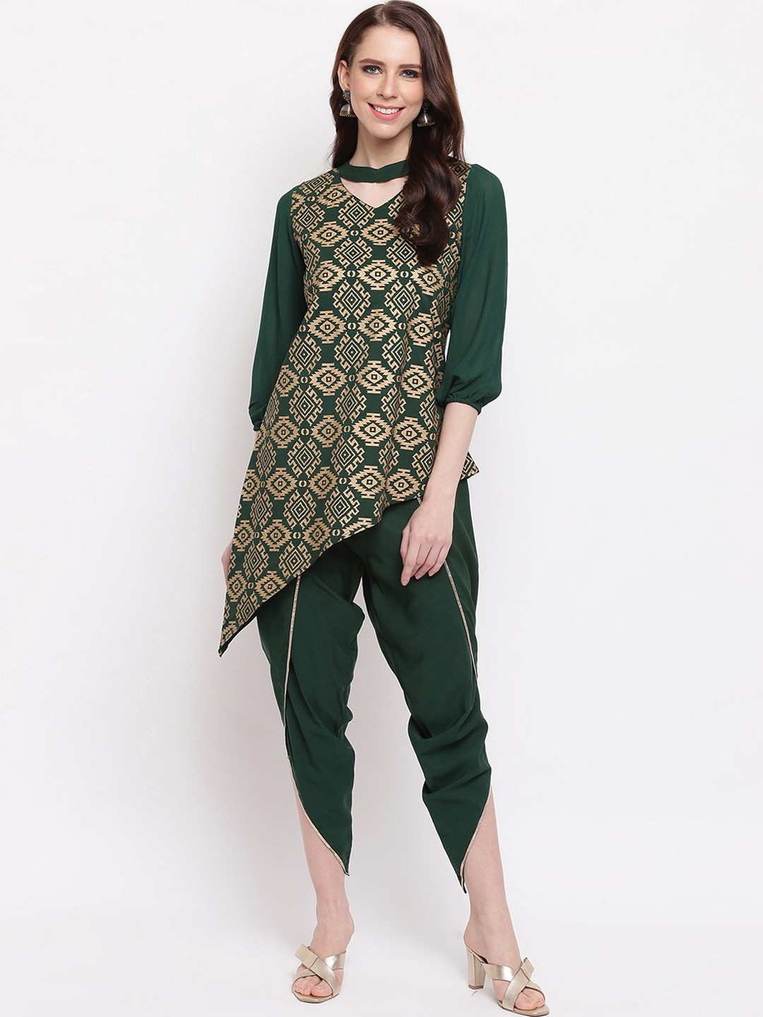 

RIVI Women Green & Golden Printed Kurti with Dhoti Pants
