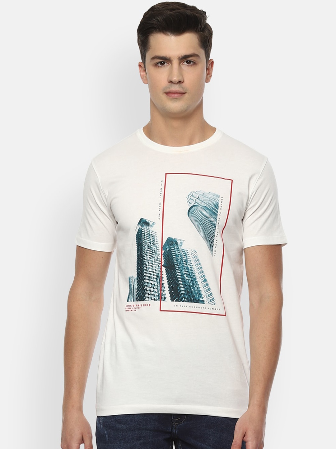 

Louis Philippe Jeans Men Off-White Printed Round Neck Cotton Pure Cotton T-shirt