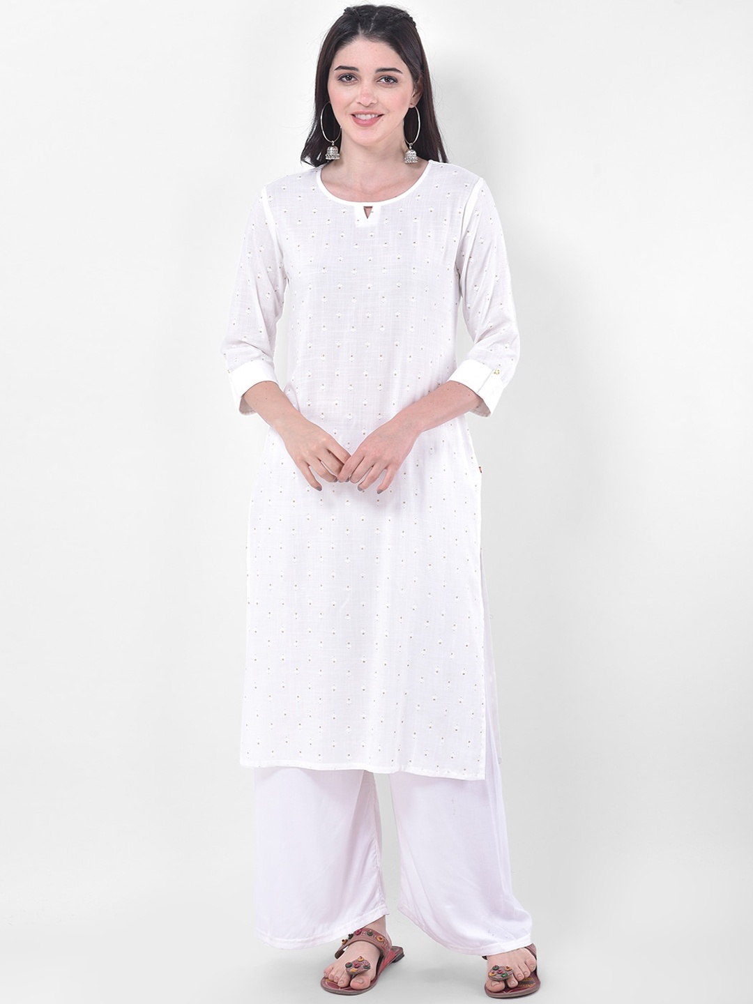 Span Women White Keyhole Neck Flared Sleeves Chikankari Kurta