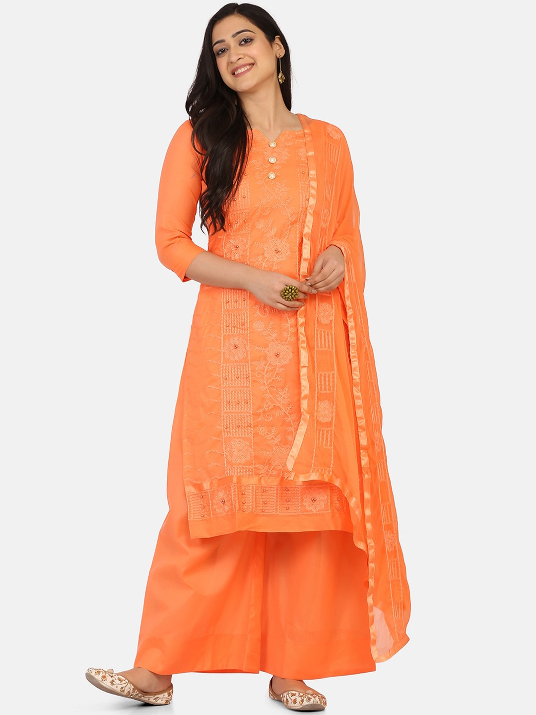 

Shaily Orange Cotton Blend Unstitched Dress Material
