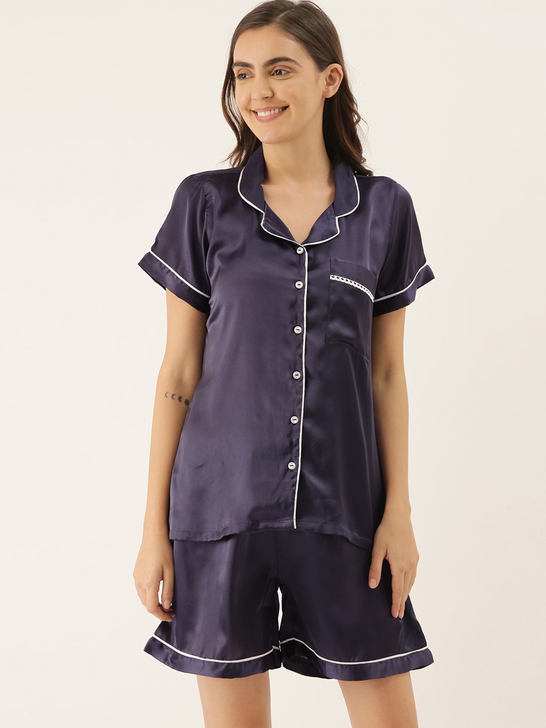 

Bannos Swagger Women Navy Blue Solid Satin Night suit