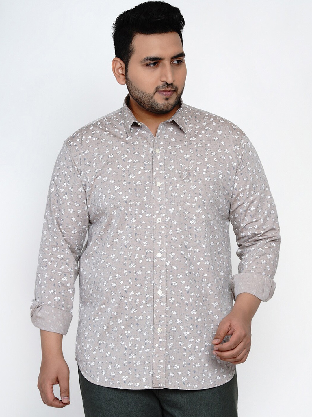 

John Pride Plus Size Men Beige & Off-White Slim Fit Printed Casual Shirt