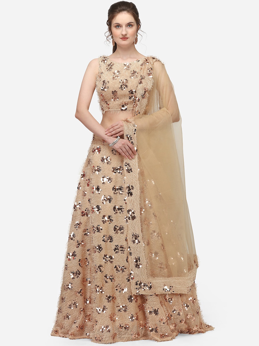 

JATRIQQ Cream-Coloured & Gold-Toned Embellished Semi-Stitched Lehenga & Unstitched Blouse with Dupatta