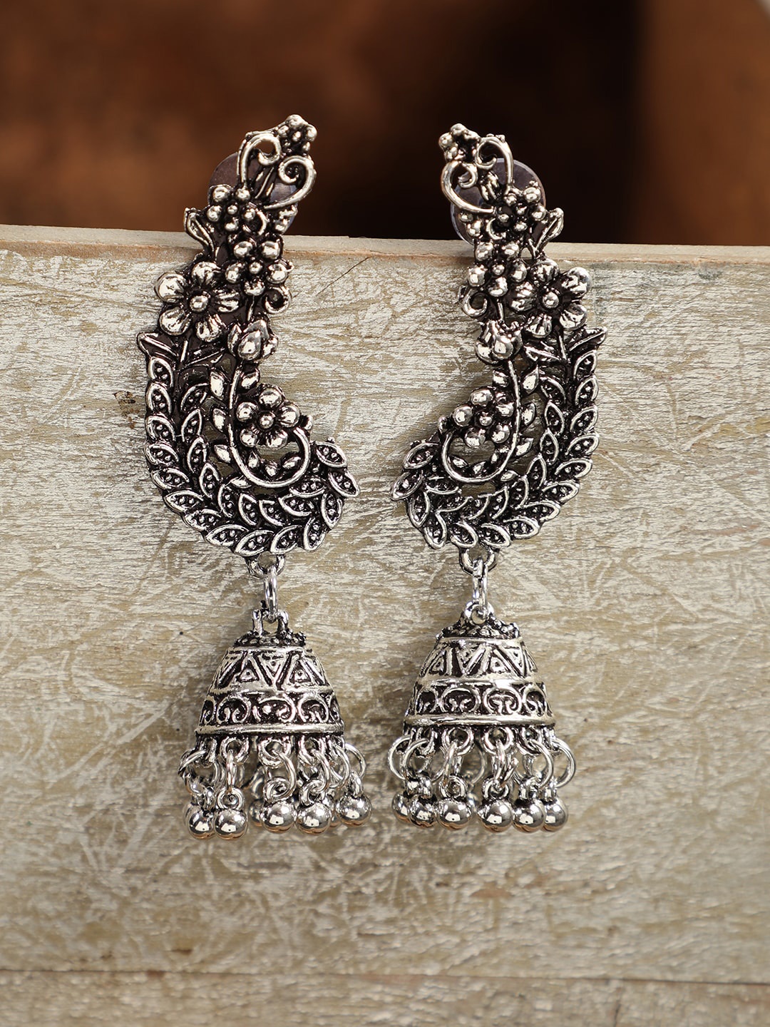 ANIKAS CREATION Silver-Plated Oxidised Dome Shaped Jhumkas