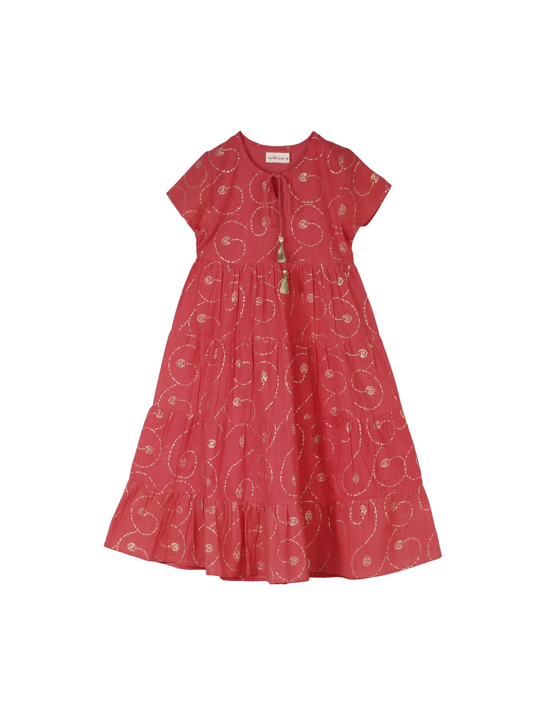 

My Little Lambs Girls Coral Pink & Golden Printed Fit and Flare Dress