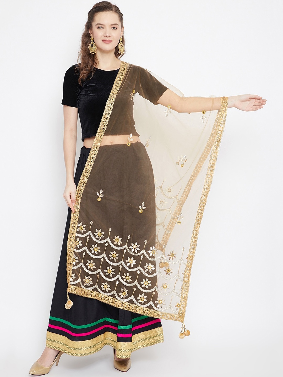 Clora Creation Gold-Toned & Cream-Coloured Embroidered Dupatta
