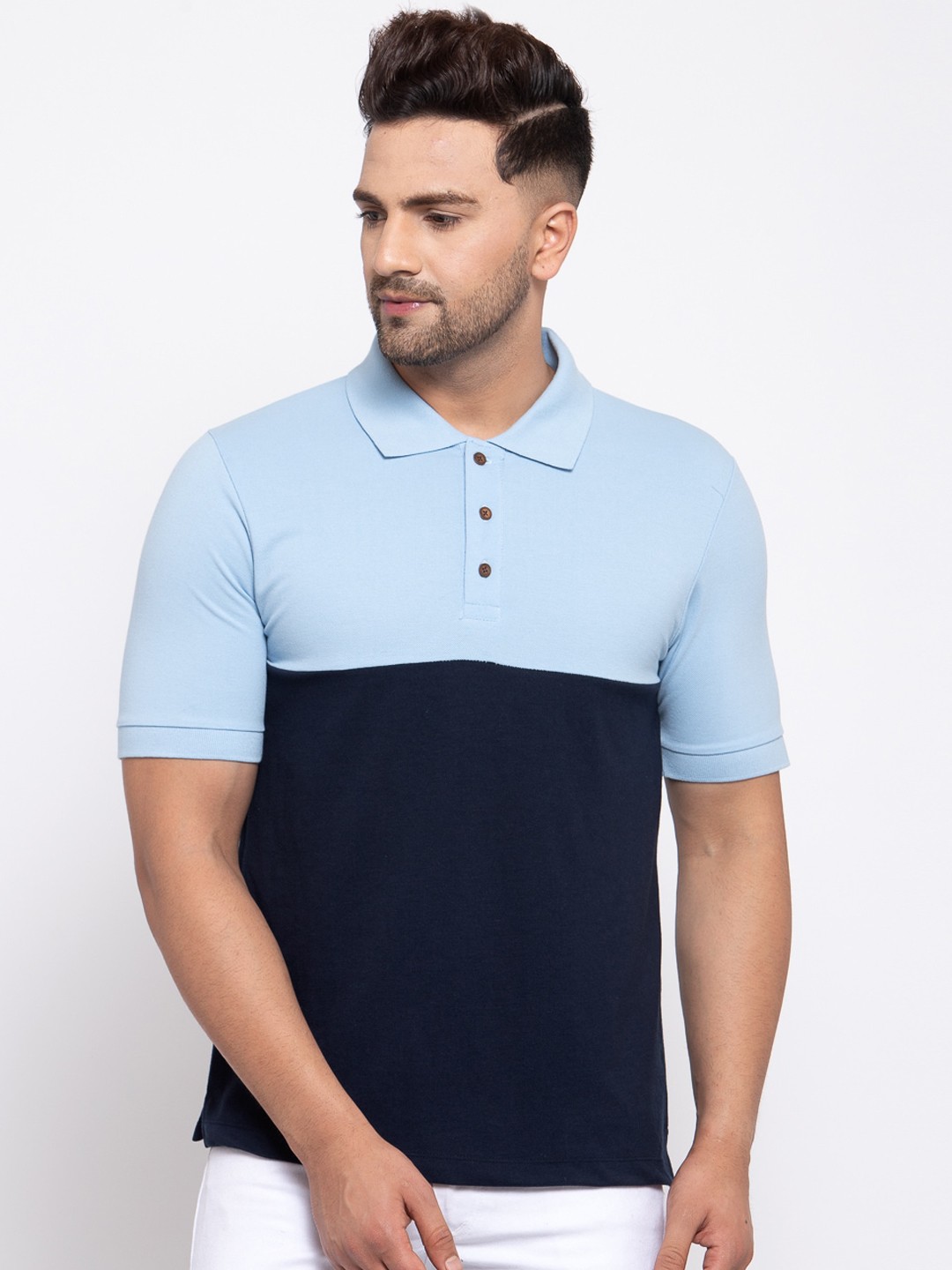 

Kalt Men Blue Colourblocked Polo Collar T-shirt