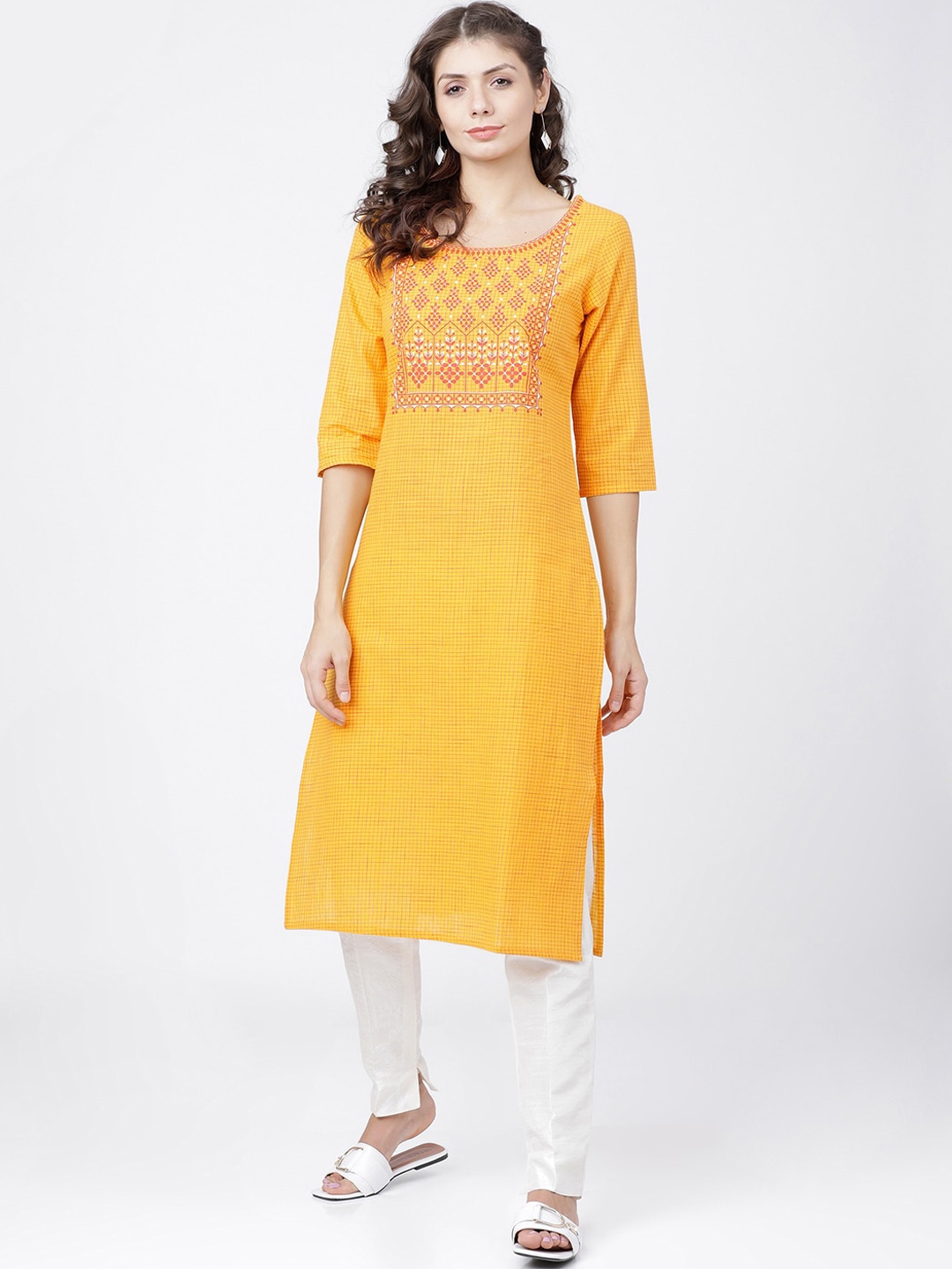 

Vishudh Women Mustard Checked Kurta