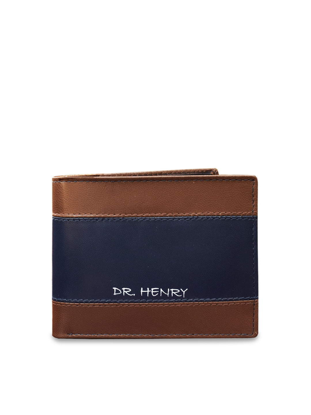 

DR. HENRY Men Tan Brown & Blue Leather Two Fold Wallet