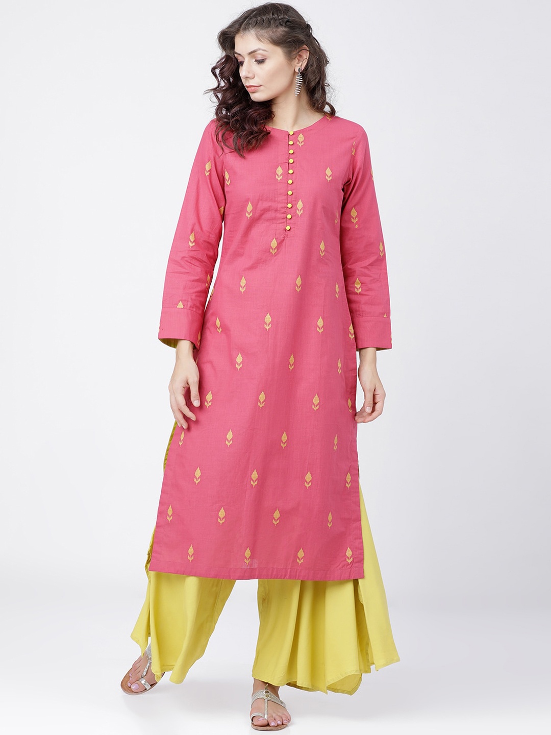 

Vishudh Women Pink & Yellow Ethnic Motifs Kurta