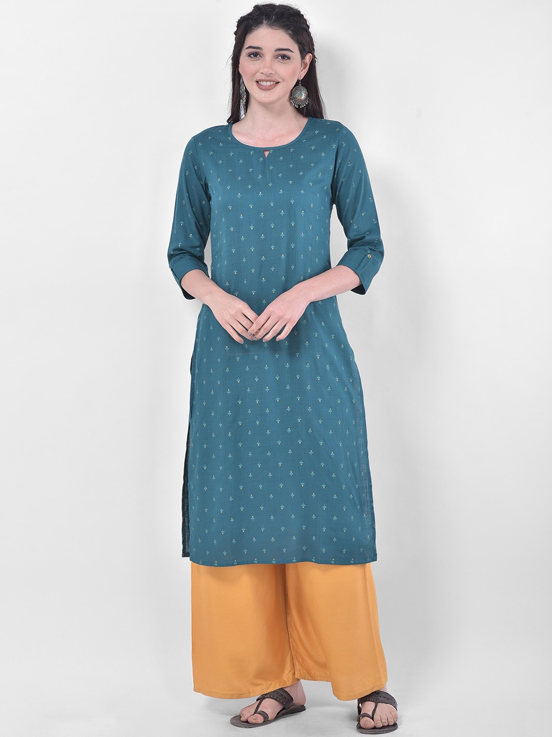 

Span Women Teal Ethnic Motifs Keyhole Neck Kurta