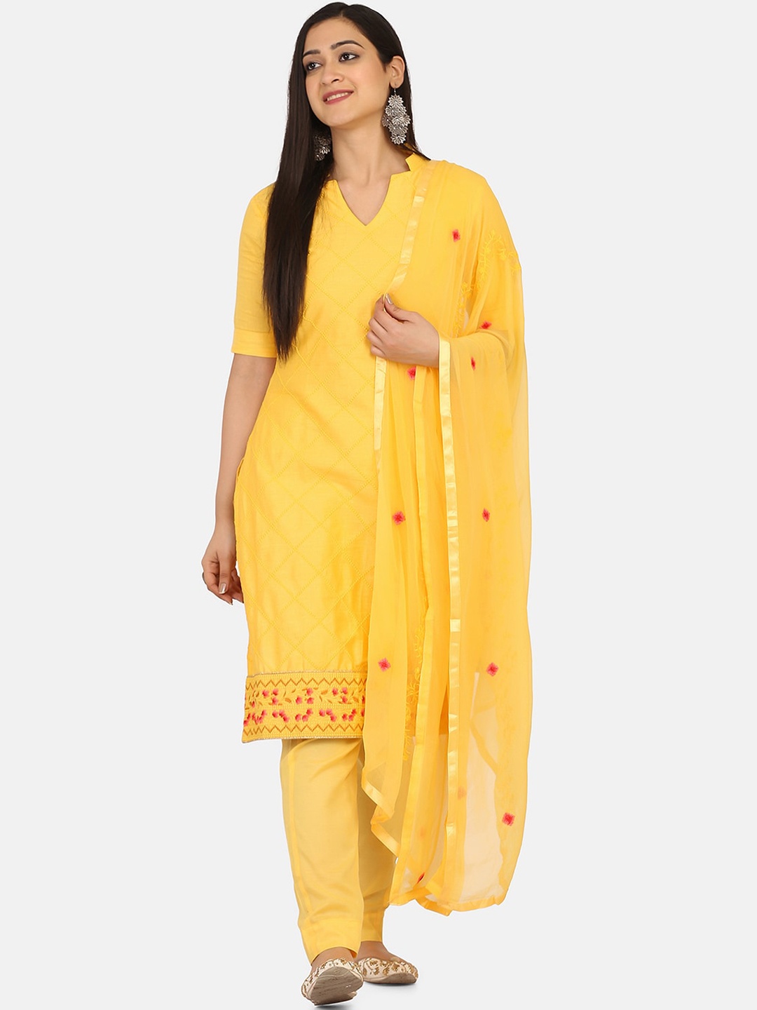 

Shaily Yellow Cotton Blend Unstitched Dress Material
