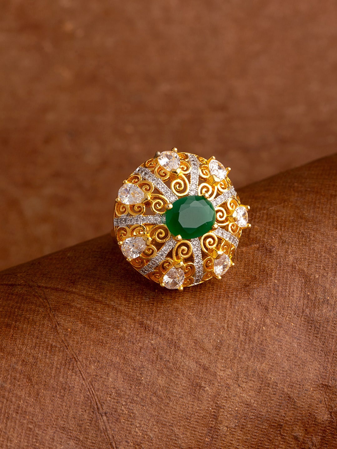 

Voylla Gold-Toned Green & Silver-Coloured Zircon Studded Filigree Design Cocktail Ring