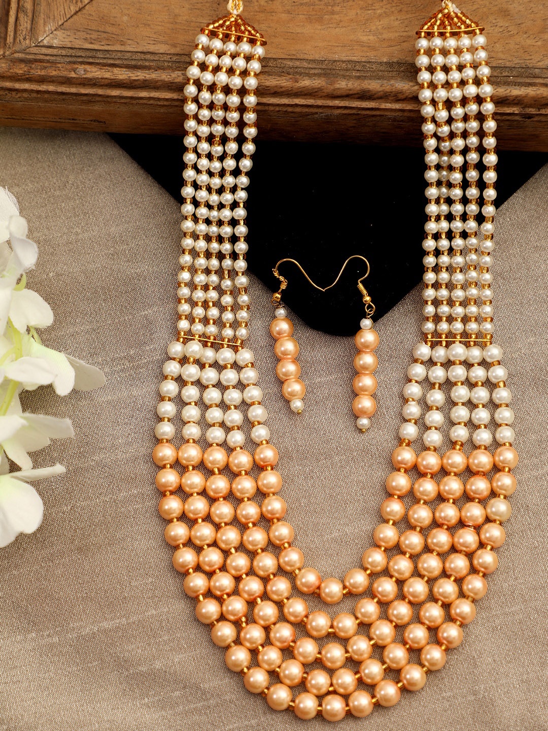 

ANIKAS CREATION Gold-Plated White & Peach-Coloured Pearl Beaded Handcrafted Jewellery Set