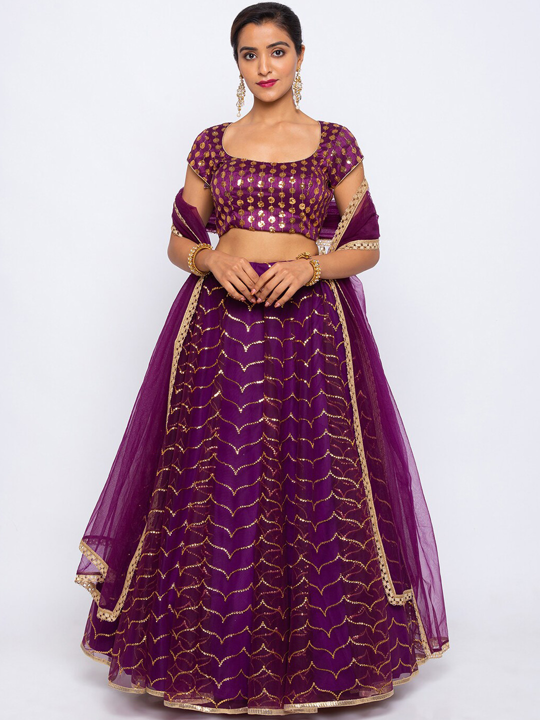 

6Y COLLECTIVE Purple & Golden Semi-Stitched Lehenga & Unstitched Blouse with Dupatta
