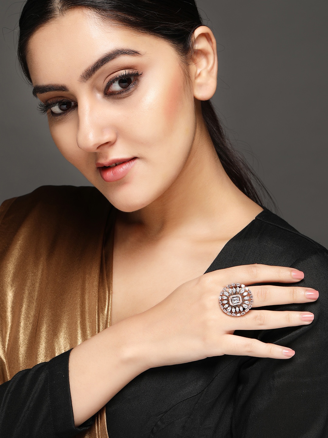 

Rubans Rhodium-Plated Silver-Toned & White CZ-Studded Adjustable Handcrafted Finger Ring