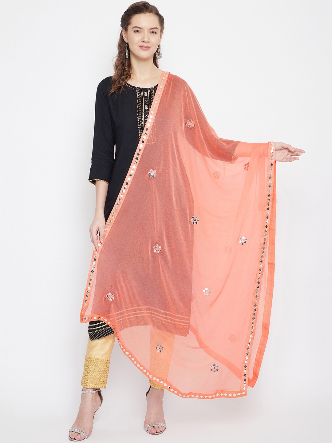 

Clora Creation Peach-Coloured & Silver-Toned Embroidered Dupatta