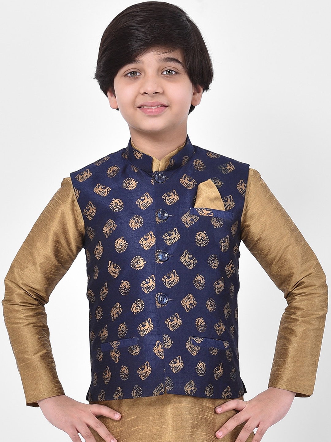 

DEYANN Boys Navy Blue & Gold-Coloured Printed Nehru Jacket